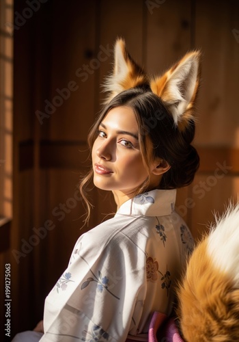 Young Woman With Fox Ears And Tail In A Traditional Japanese Interior At Golden Hour