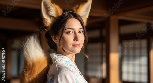 Young Woman With Fox Ears And Tail In A Traditional Japanese Interior At Golden Hour
