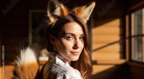 Young Woman With Fox Ears And Tail In A Traditional Japanese Interior At Golden Hour