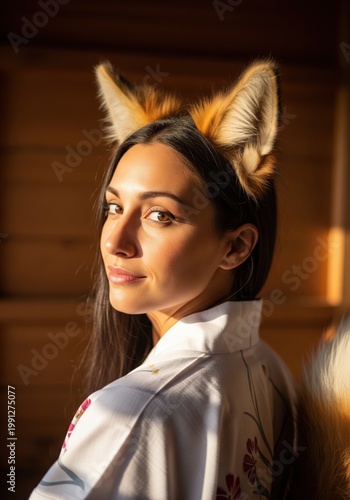 Young Woman With Fox Ears And Tail In A Traditional Japanese Interior At Golden Hour
