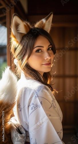 Young Woman With Fox Ears And Tail In A Traditional Japanese Interior At Golden Hour