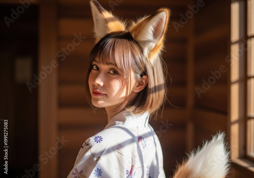 Young Woman With Fox Ears And Tail In A Traditional Japanese Interior At Golden Hour