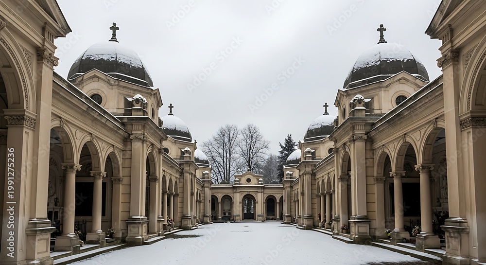 Fototapeta premium Snow covered cemetery architecture with arches and dome structures