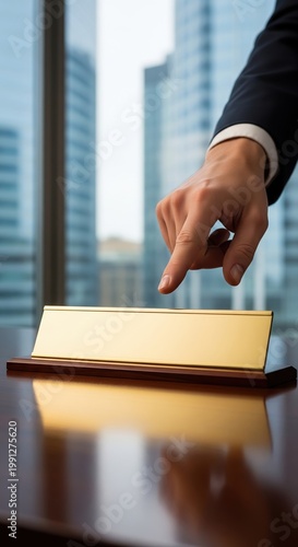 Businessman Hand Pointing At Blank Gold Nameplate On Desk In Corporate Office Interior Background
