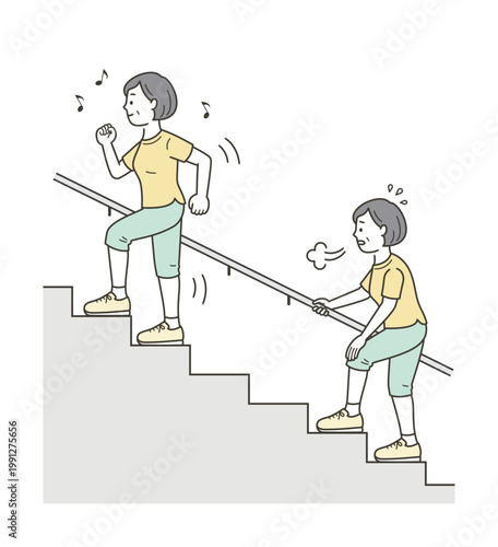 元気に階段を上るミドル世代の女性と辛そうな女性のイラスト
