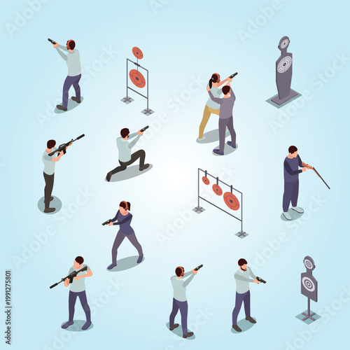 Shooting range flowchart with military practice symbols isometric vector illustration