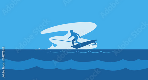 Surfer Riding Wave - Minimalist Blue Illustration