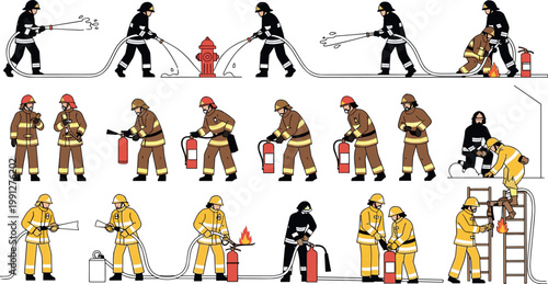 Firefighters in action set with fire rescue emergency response extinguisher hose ladder and equipment flat vector illustration collection