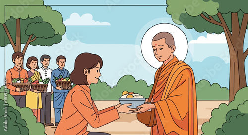 Buddhist monk receives food offering from devotee.