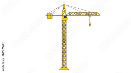 Vibrant yellow tower crane illustration for construction projects and industrial development, symbolizing heavy lifting and urban growth and progress