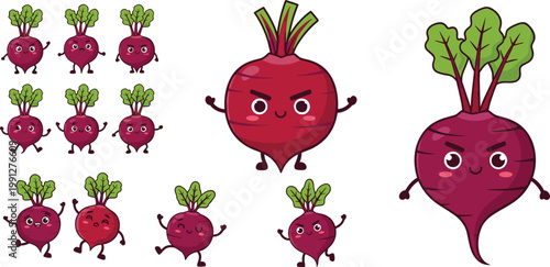 Cute beetroot cartoon character set with funny vegetable mascots and emotions vector illustration