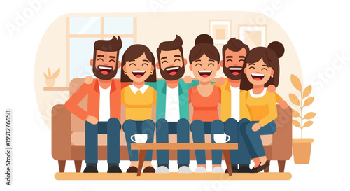 Group of diverse friends laughing together on a sofa.