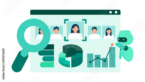 CRM dashboard interface with AI data analytics for business intelligence, professional team using digital tools for real-time customer monitoring and marketing performance optimization