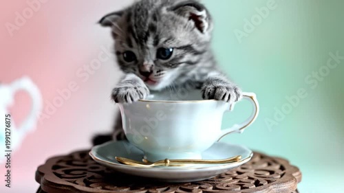Adorable Tiny Kitten Sitting Inside Floral Teacup With Macarons on Pastel Pink Background