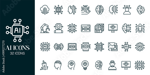 Artificial Intelligence Icon Set with AI Brain, Machine Learning, Robot, Data Network and Futuristic Technology Vector Collection