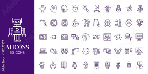 Artificial Intelligence Icon Set with AI Brain, Machine Learning, Robot, Data Network and Futuristic Technology Vector Collection