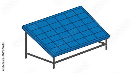 A detailed illustration of a blue solar panel mounted on a dark metal frame.