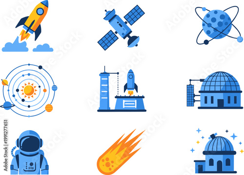 Space Exploration Icon Set Featuring Rocket Launch, Satellite, Astronaut, Planet Orbit, Observatory, and Meteor Elements for Astronomy, Science, and Technology Design