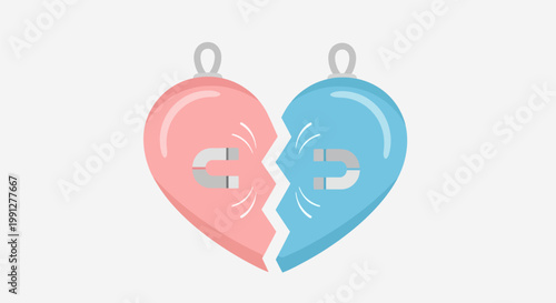 Two Split Heart Pendants with Magnetic Attraction Symbol.