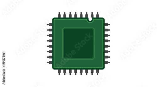 A top-down view of a green square integrated circuit chip with many pins.