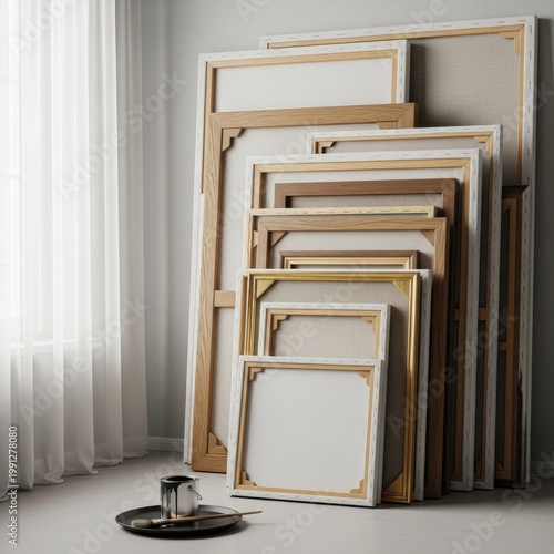 Variety of blank stretched canvas frames of different sizes stacked indoors near window with curtains
