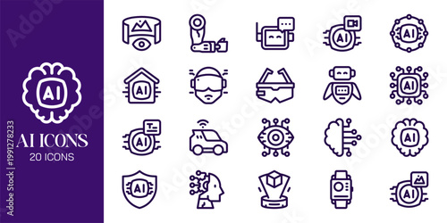 Artificial Intelligence Icon Set with AI Brain, Machine Learning, Robot, Data Network and Futuristic Technology Vector Collection