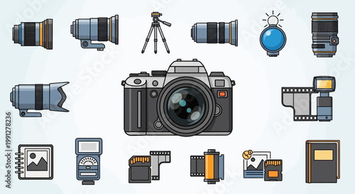 Camera and photography equipment icons set.