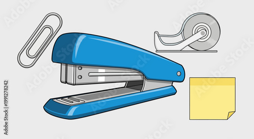 Blue office stapler with metal parts.