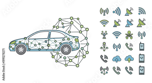Connected car with network symbols.