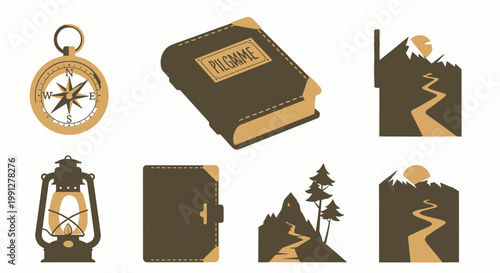 Adventure icons set with compass lantern mountain and pilgrim book