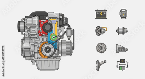 Car Engine Mechanical Parts Diagram.