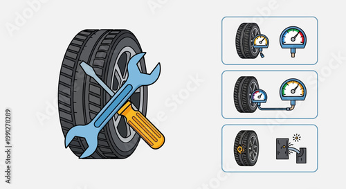 Tire with wrench and screwdriver tools.