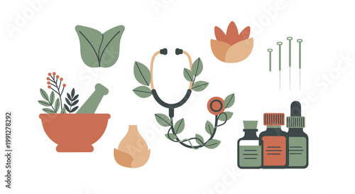 Alternative medicine and holistic health icons on white background