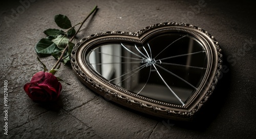 Shattered Heart Shaped Mirror and Fading Red Rose on Dark Grungy Surface
