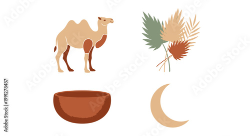 Boho desert illustration set with camel palm and crescent moon