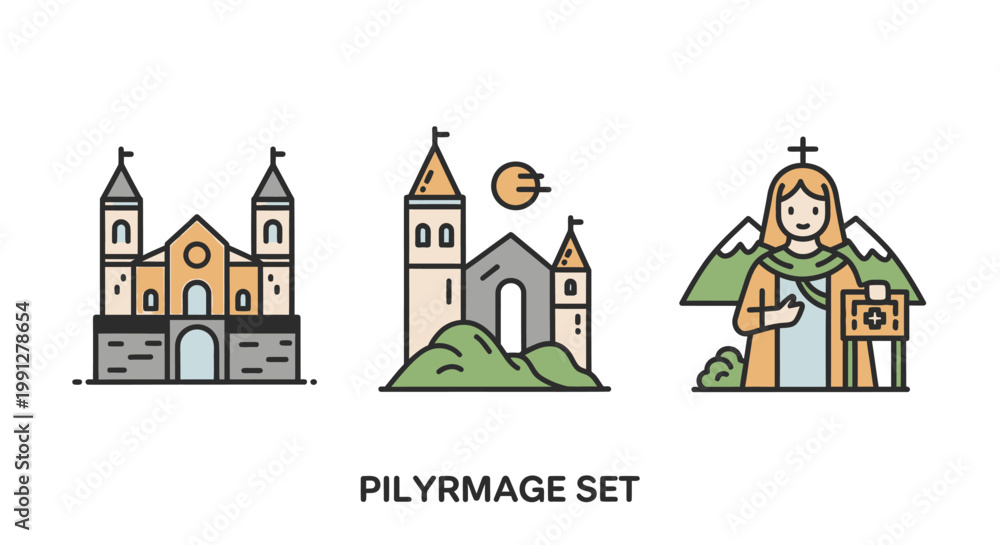 Naklejka premium Catholic pilgrimage illustration set with cathedral and female traveler