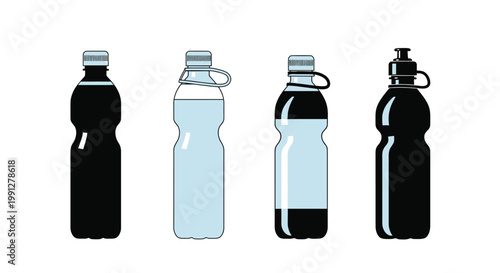 Four water bottles in varying shapes and fill levels are displayed