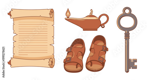 Cartoon icons of ancient scroll oil lamp sandals and key