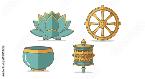 Buddhist symbols set including lotus dharma wheel and singing bowl