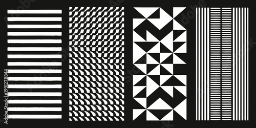 Abstract geometric patterns in black and white create a visual composition