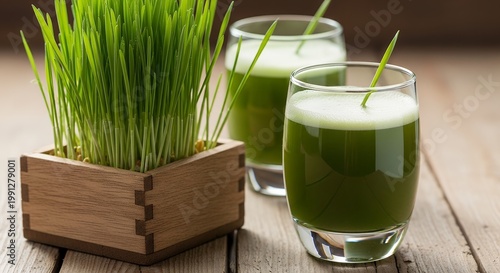 Vibrant Green Wheatgrass Growing in Planter with Juice Glasses on Rustic Table