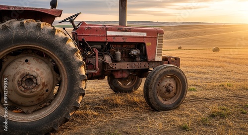 Old Red Tractor Parked in Dry Golden Field at Sunset