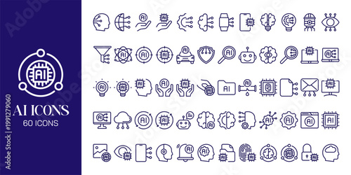 Artificial Intelligence Icon Set with AI Brain, Machine Learning, Robot, Data Network and Futuristic Technology Vector Collection