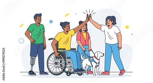 Diverse group of young people with disabilities celebrating success together.