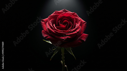 Red rose with water droplets under spotlight on black background
