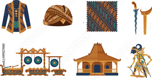 Javanese Culture Vector Set with Kebaya Blangkon Batik Keris Gamelan Joglo and Wayang