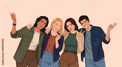 Group of four diverse young friends laughing and posing together.