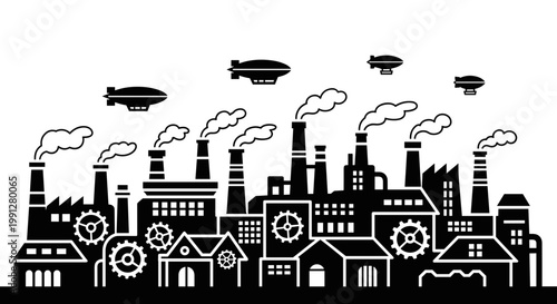 Industrial cityscape with factories.