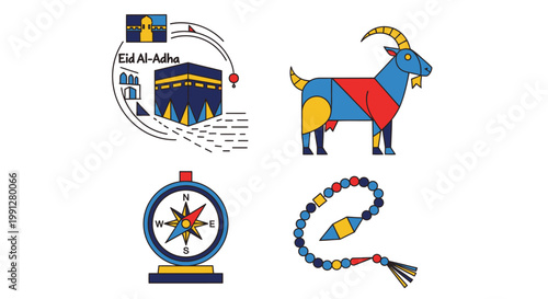 Eid Al Adha flat icon set with Kaaba and goat
