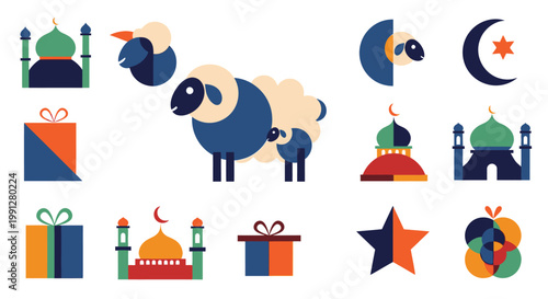 Eid al Adha flat icons featuring sheep and mosques